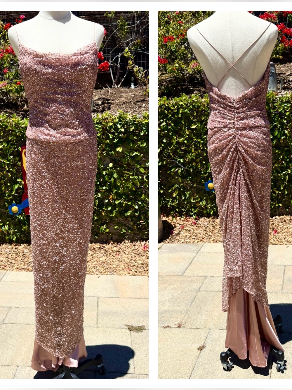 Elizabeth Fillmore blush sequin embellished evening gown